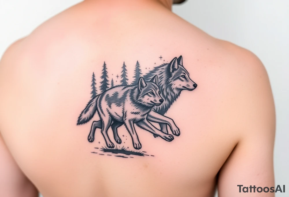 two wolves, an adult and a cub, facing the right running into a forest. A small tattoo on the front of the forearm tattoo idea