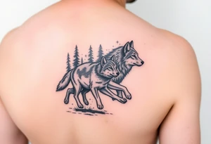 two wolves, an adult and a cub, facing the right running into a forest. A small tattoo on the front of the forearm tattoo idea