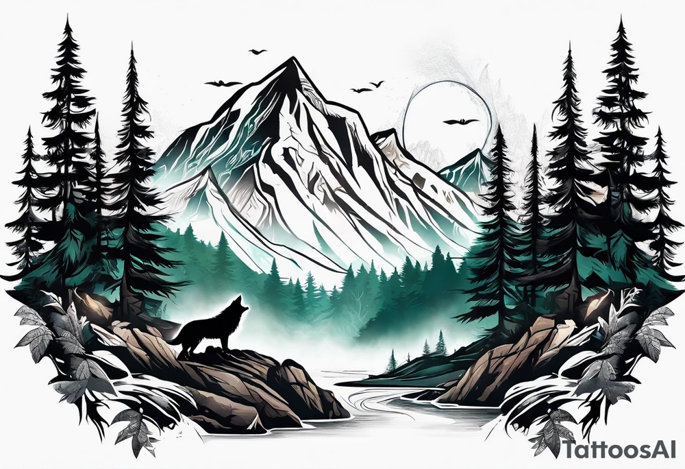 Mountains
Wolf
Forest
Tribal tattoo idea