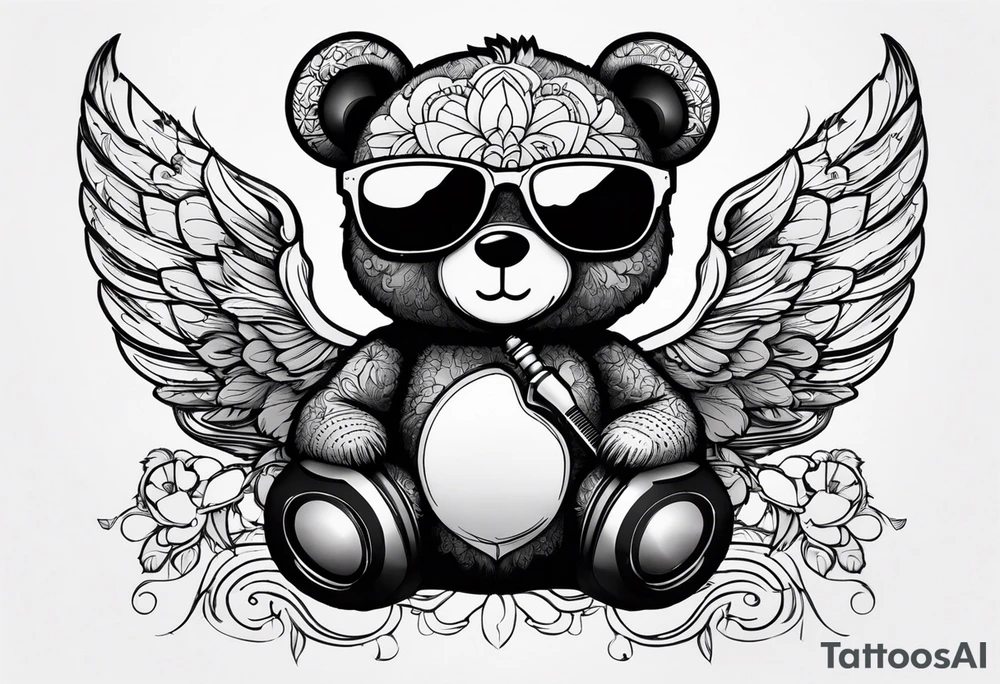 Teddy bear with wings wearing big sunglasses holding a tool tattoo idea Teddy bear with wings wearing big sunglasses holding a tool tattoo idea