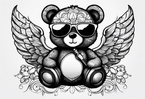 Teddy bear with wings wearing big sunglasses holding a tool tattoo idea