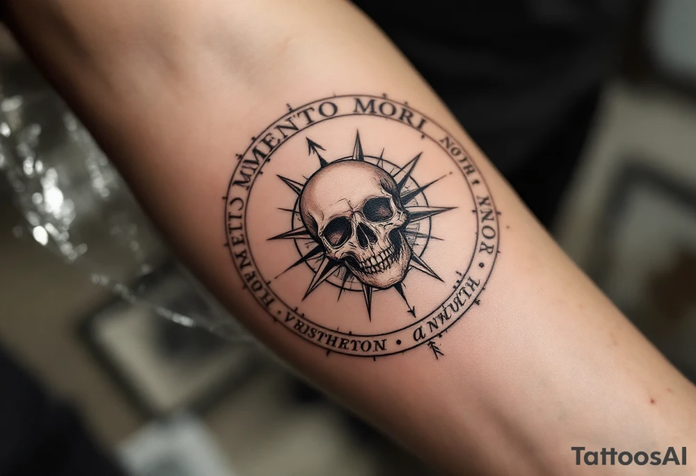 A muted sepia compass pointing to a skull instead of north, with "memento mori" curving around the outer ring. tattoo idea