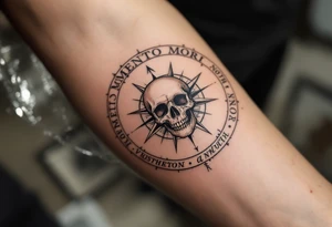 A muted sepia compass pointing to a skull instead of north, with "memento mori" curving around the outer ring. tattoo idea