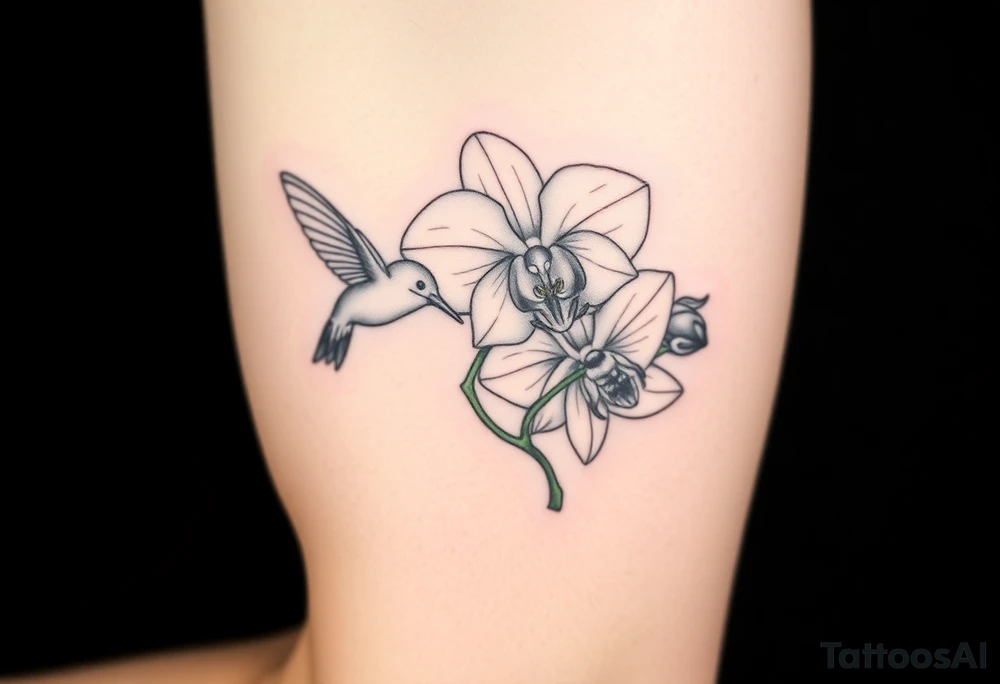 A delicate, black and white fine-line tattoo for male, featuring gracefully detailed 2 orchids in full bloom including their stems, with soft, intricate petals and elegant curves. Beside it, a hummingbird hovers mid-flight, its wings drawn with subtle motion lines, its slender beak reaching toward the orchid’s center to drink its nectar. on the other flower there is a bee that is resting tattoo idea