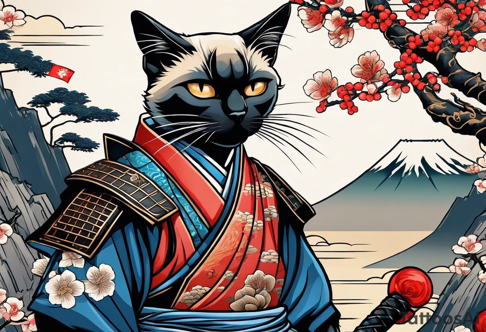 A siamese samurai cat killing his enemy tattoo idea