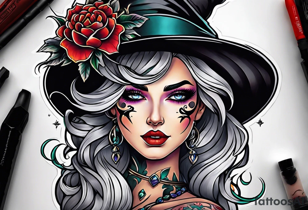 Bright bold Neo traditional tattoo witch with Crosses for eyes tattoo idea