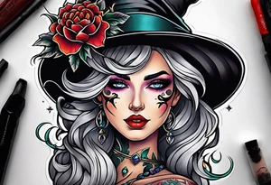 Bright bold Neo traditional tattoo witch with Crosses for eyes tattoo idea