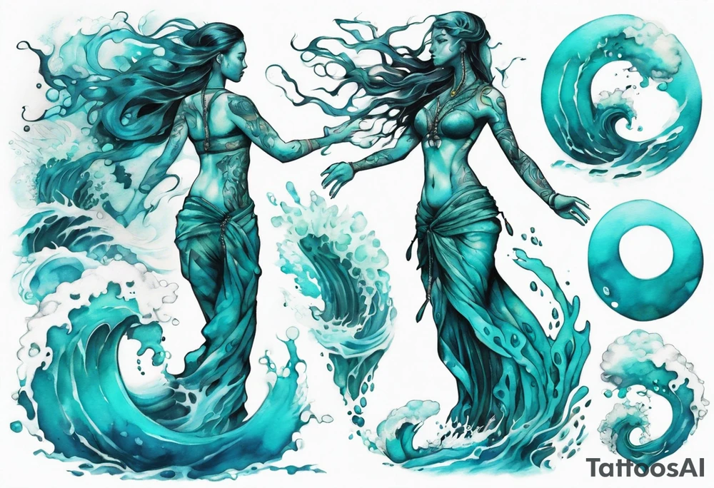 a turquoise Na'vi woman standing in the sea surrounded by crashing waves tattoo idea