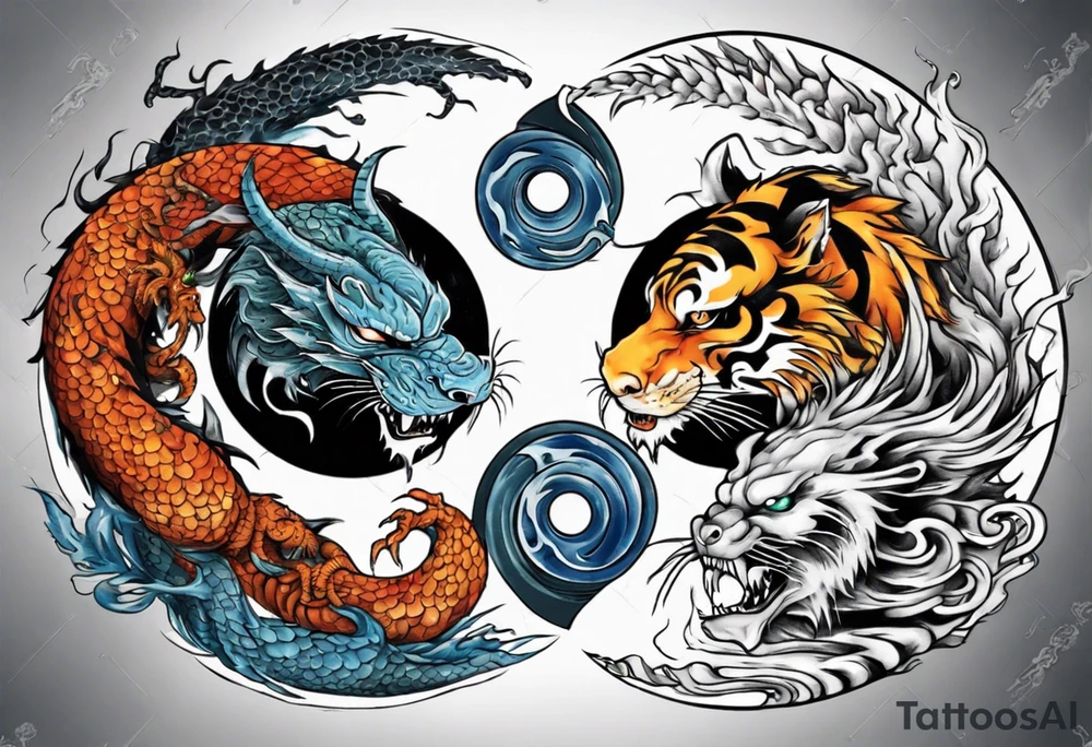Ying Yang with dragon and tiger surrounding it and fire and water tattoo idea