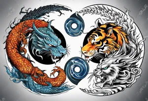Ying Yang with dragon and tiger surrounding it and fire and water tattoo idea