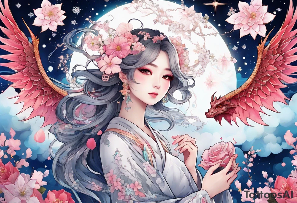 Constellation, wing , snow , cross , dragon female japan kawaii , flower tattoo idea