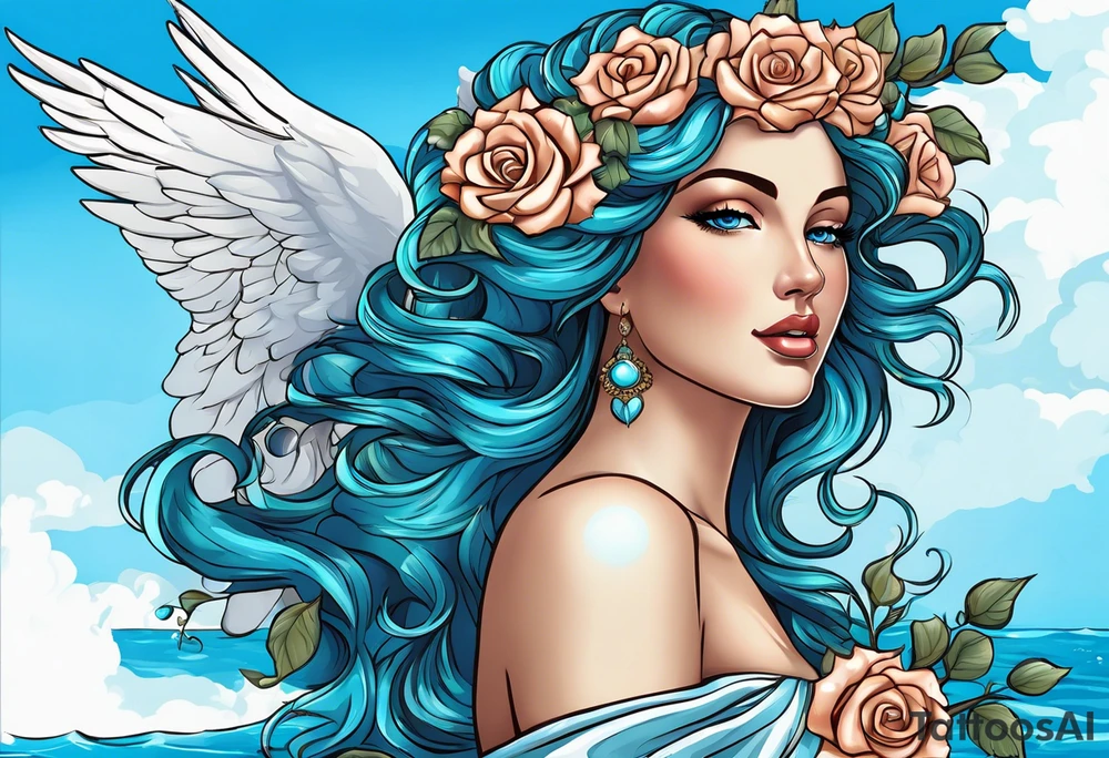 Portrait of Aphrodite: A face or full-length image of the goddess, often in a realistic style, perhaps decorated with flowers, seashells, or doves.rose, doves, shells and a mirror in his hand. background sea, blue roses frames,, romantic,background  fly boy wings and a bow, cupido tattoo idea
