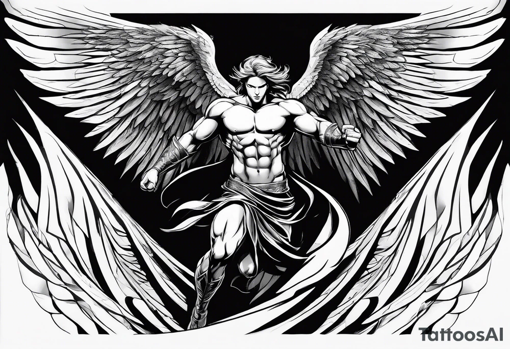 Angel in the pose of a superhero landing tattoo idea