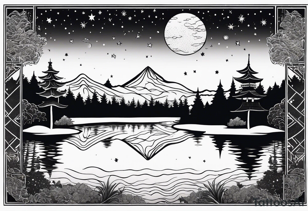 a lake reflecting a dark starry sky with a forest around it tattoo idea