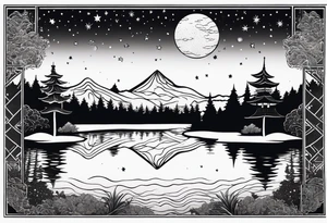 a lake reflecting a dark starry sky with a forest around it tattoo idea