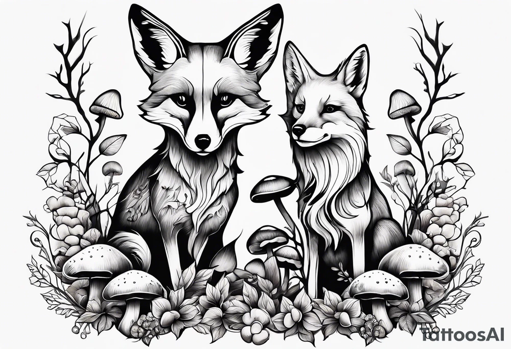 Dear fox skeleton with mushrooms growing out of it tattoo idea