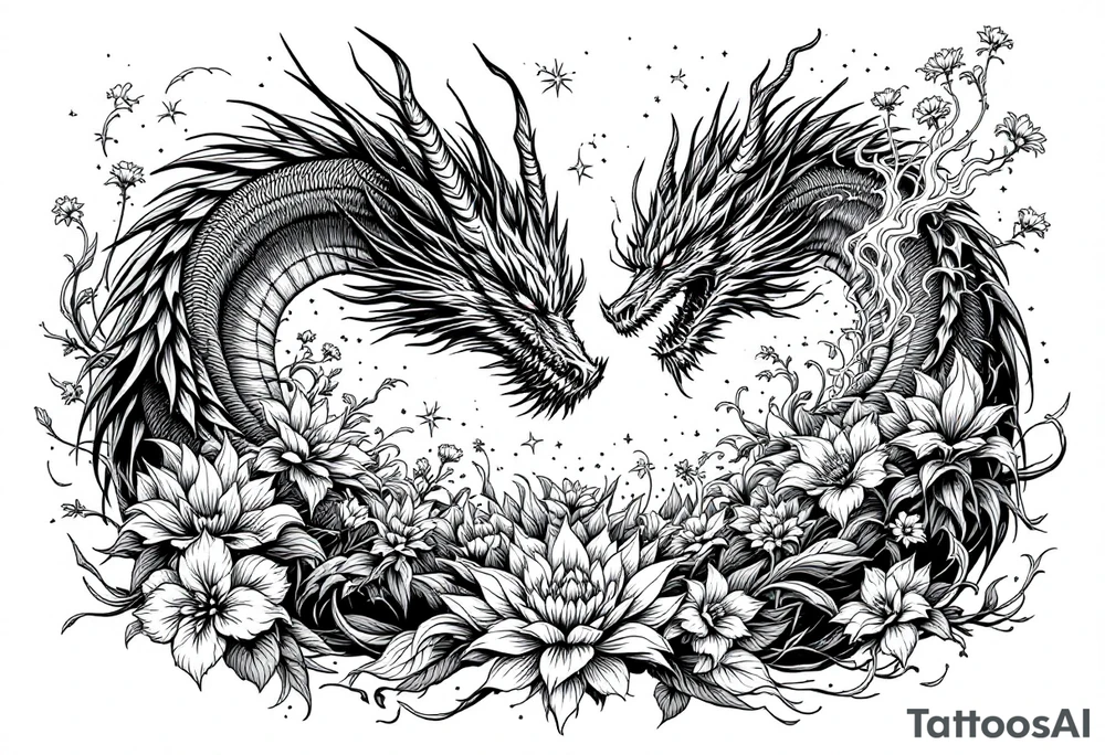 legendary dragon scene with energy aura flowers power effects tattoo idea
