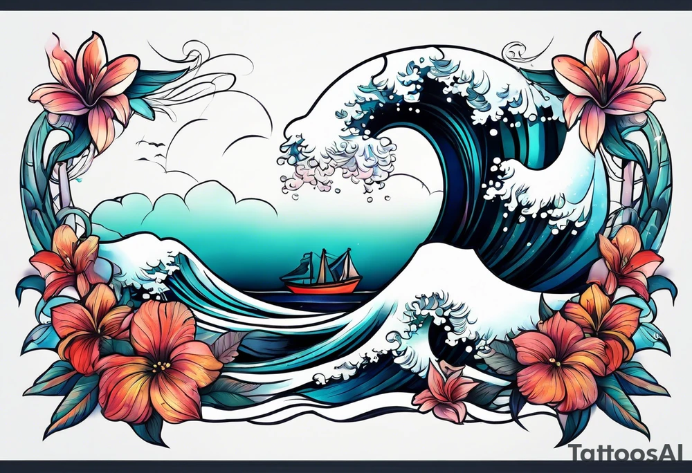 sea,, night, flower, palm, tattoo idea