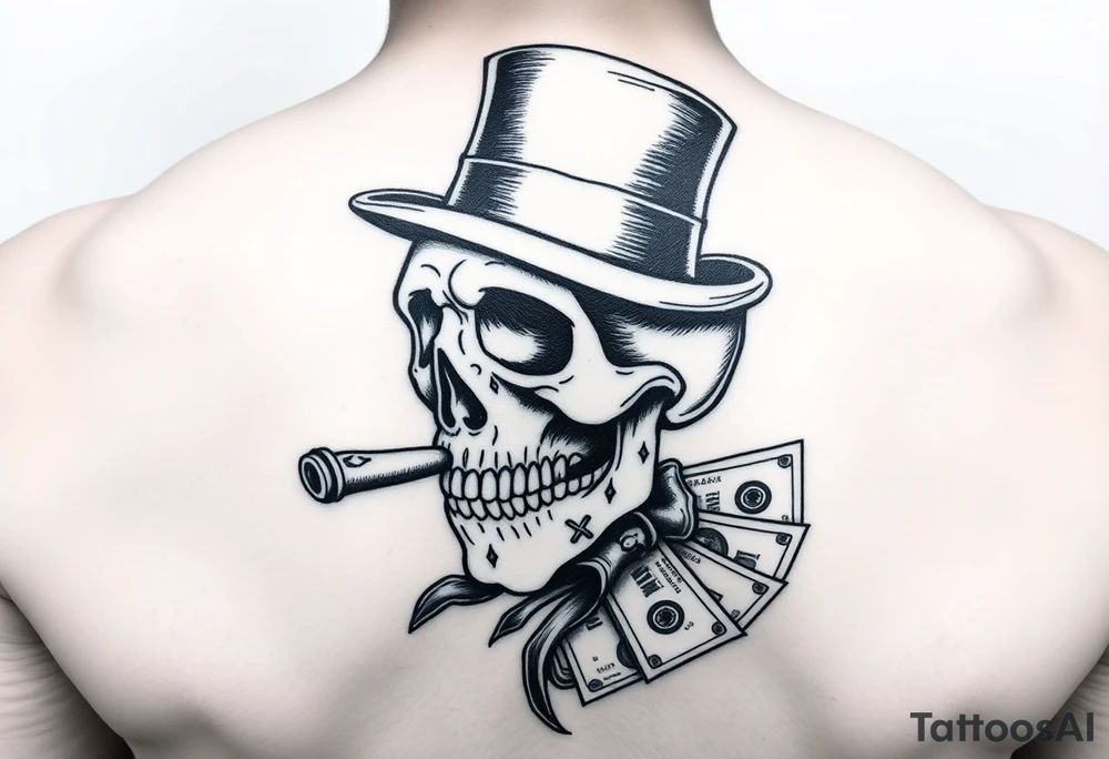 skull with mustache,a cigar in his mouth,a top-hat on his head and money in a hand. tattoo idea