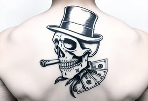 skull with mustache,a cigar in his mouth,a top-hat on his head and money in a hand. tattoo idea