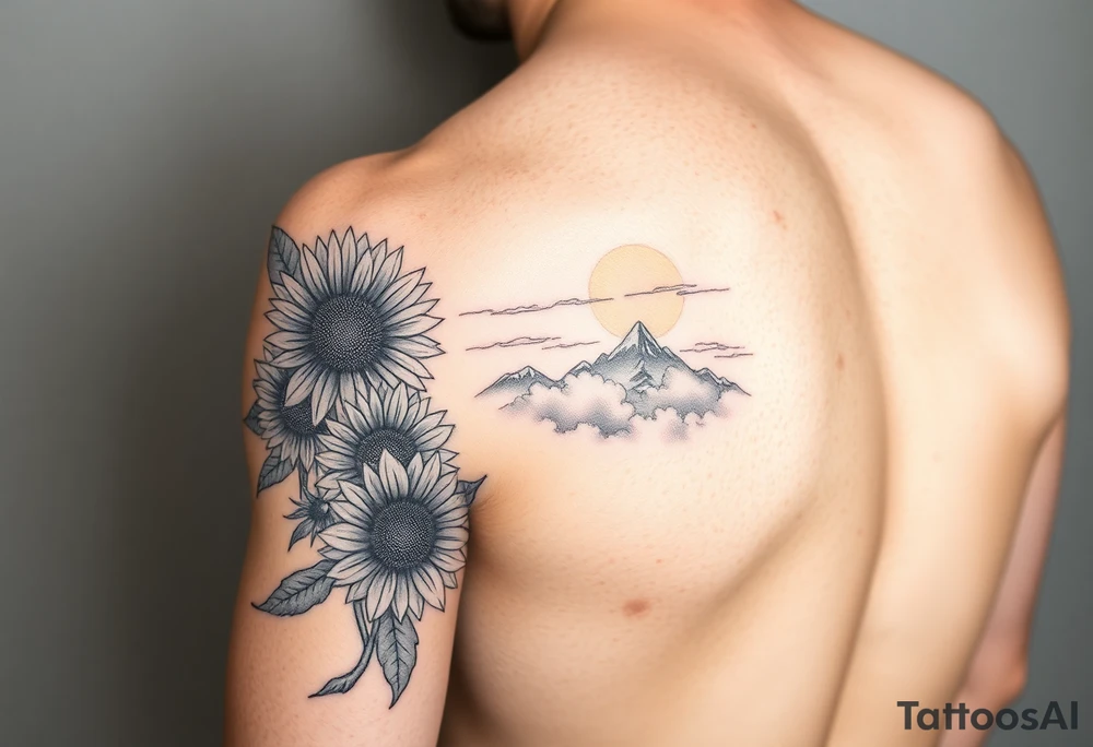 half sleeve on the arm with sunflowers and the sun shining through clouds, with mountains tattoo idea