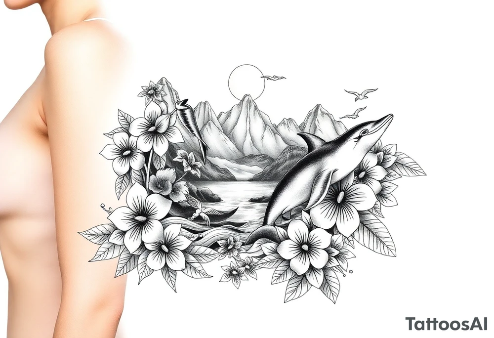 half sleeve, hawaiian theme, with water, mountains, tropical flowers, turtles, dolphins. tattoo idea