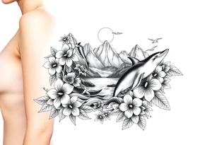 half sleeve, hawaiian theme, with water, mountains, tropical flowers, turtles, dolphins. tattoo idea