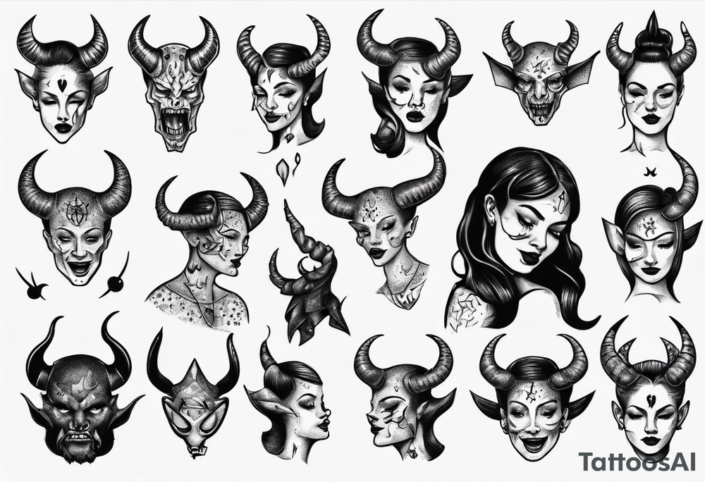 female dancing with devil horns tattoo idea