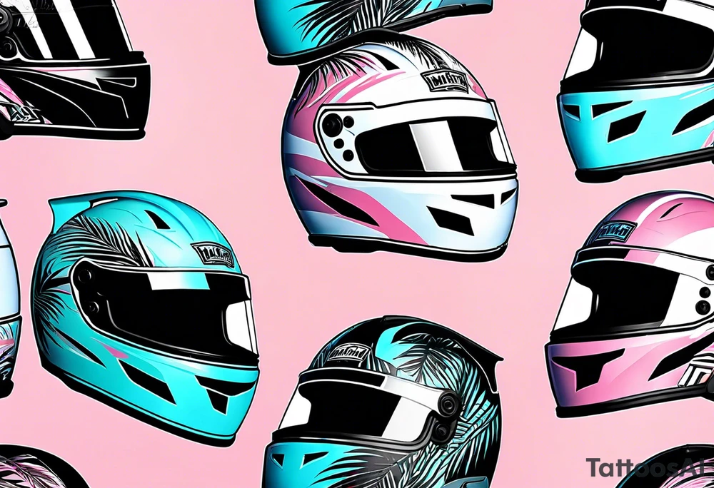 Formula 1 Helment with the Miami logo a palm tree and pink black and light blue colors tattoo idea