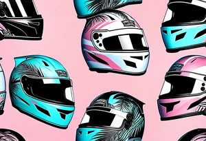 Formula 1 Helment with the Miami logo a palm tree and pink black and light blue colors tattoo idea