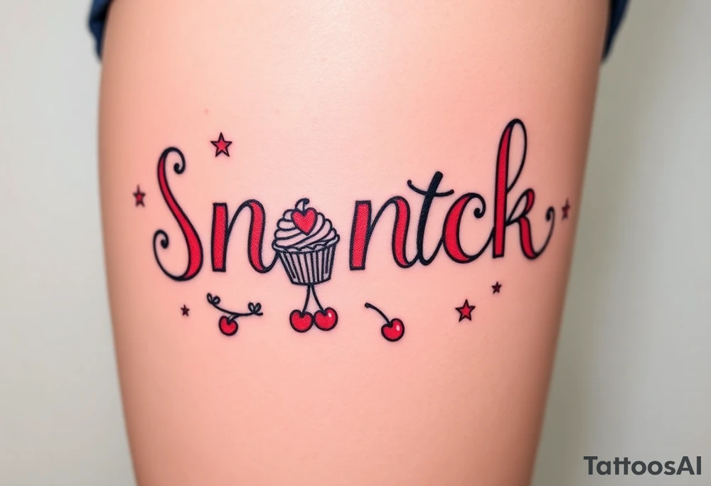 Pretty letters with lots of swooshes saying snack time with cupcakes, cherries and stars tattoo idea