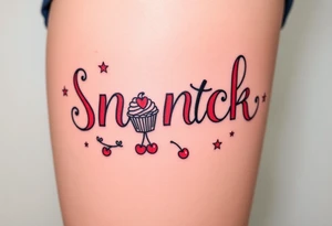Pretty letters with lots of swooshes saying snack time with cupcakes, cherries and stars tattoo idea