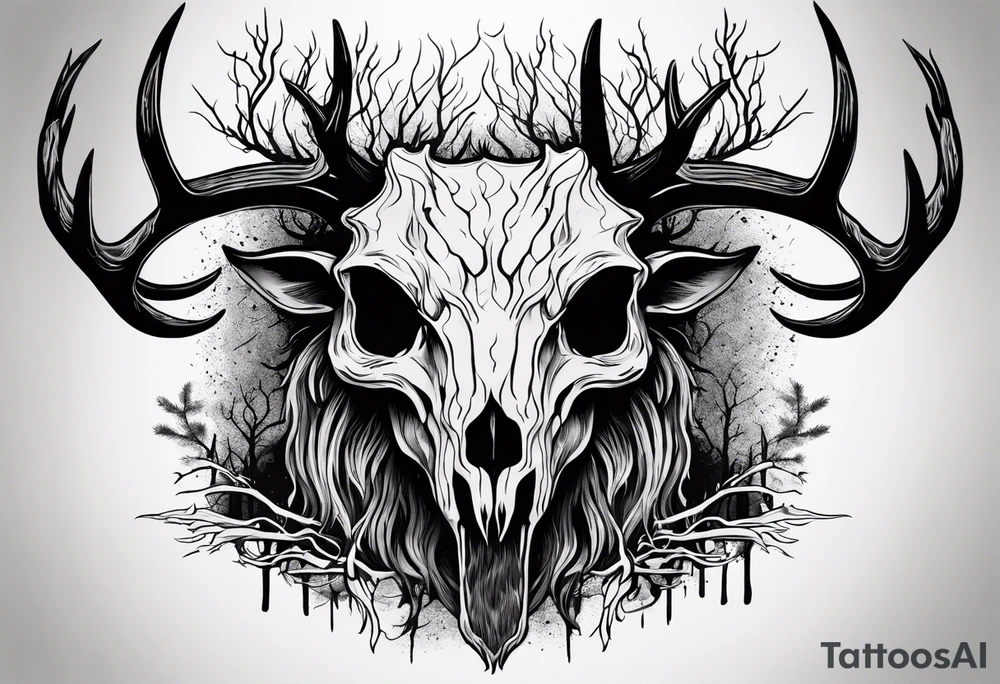 A wendigo with a decayed deer skull head with flames behind in a forest tattoo idea