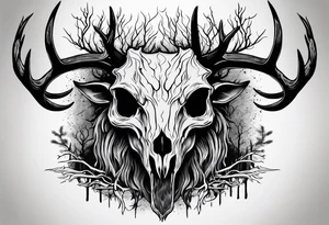 A wendigo with a decayed deer skull head with flames behind in a forest tattoo idea