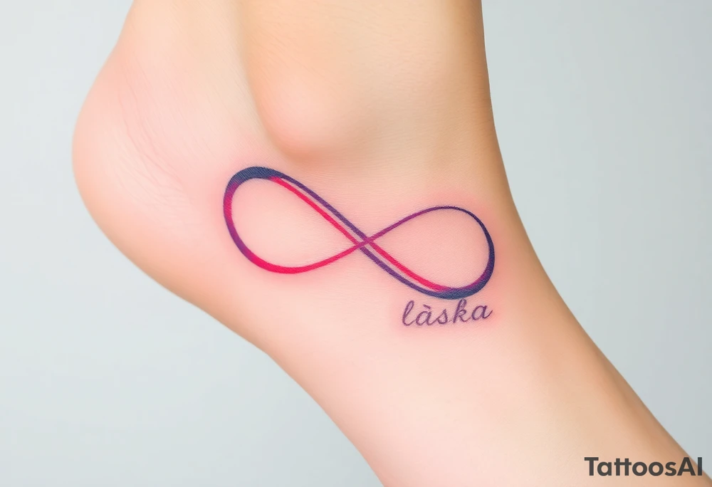 A watercolor infinity design in pastel pink and purple hues, with "láska" softly blending into the curves, creating a dreamy effect tattoo idea