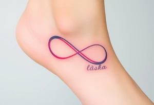 A watercolor infinity design in pastel pink and purple hues, with "láska" softly blending into the curves, creating a dreamy effect tattoo idea