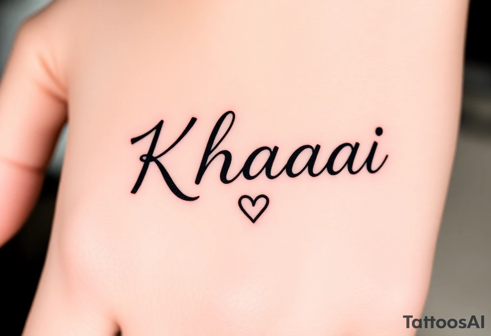 The name Khaài in a slim but bold cursive font w a small heart at the end of the name tattoo idea