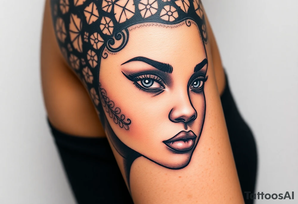 African goddess with white eyes and afro tattoo idea