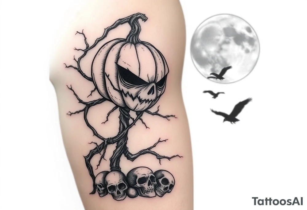 powerful realistic pumpkin head sentinel with vine and stick body, surrounded by fog, faded moon in the upper right background with ravens and skulls at the base tattoo idea