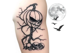 powerful realistic pumpkin head sentinel with vine and stick body, surrounded by fog, faded moon in the upper right background with ravens and skulls at the base tattoo idea