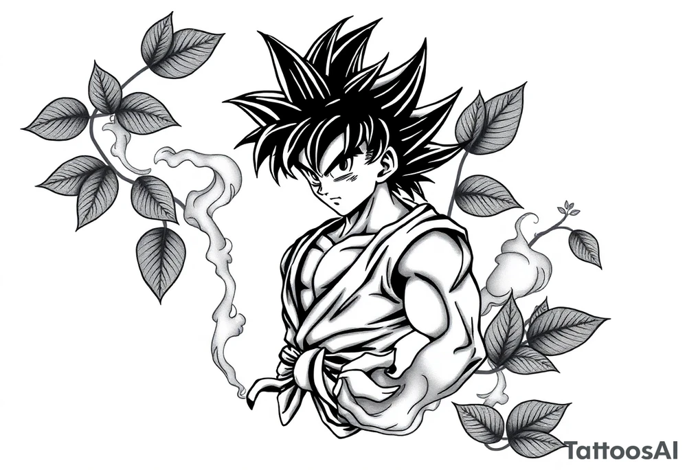 Tattoo design of Son Goku with smoke flowing through his body, surrounded by leaves in negative space effect, featuring soft shading around the edges and dotwork shading inside, with multiple contrast levels throughout. Highly detailed, intricate design with dynamic composition, emphasizing the interaction between the smoke and character, with the negative space leaves creating depth and balance. Professional tattoo art style with clean lines and sophisticated shading techniques. tattoo idea