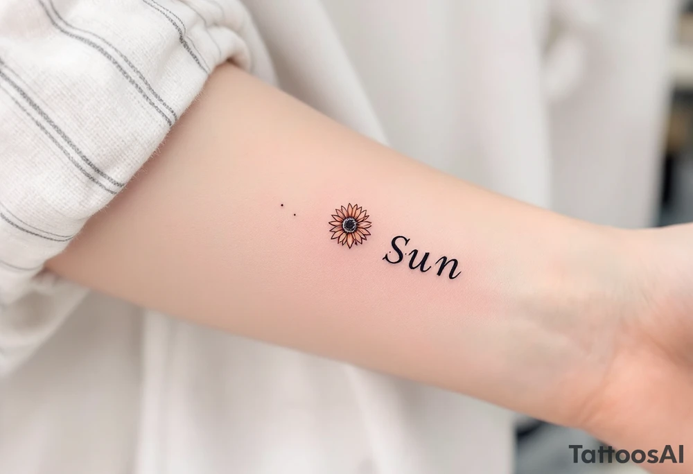 Word "Sun" written vertical with small sunflower in pink tattoo idea