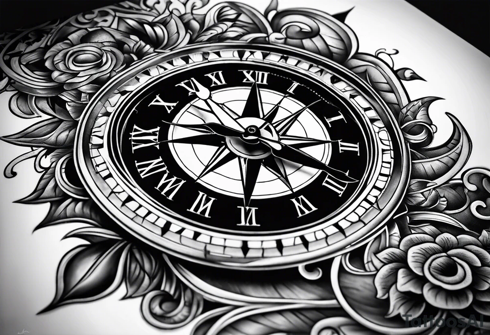 combination of a floating nautical compass and a old school clock face tattoo idea