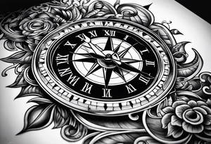 combination of a floating nautical compass and a old school clock face tattoo idea