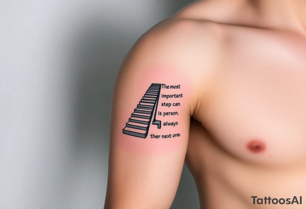 Design a tattoo for the outer arm using the phrase “the most important step a person can take is always the next one” with a geometric path or staircase tattoo idea