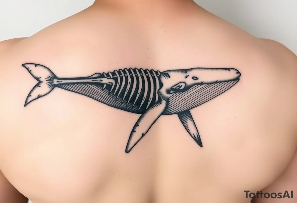 idea is basically a whale that's damaged and torn exposing the skeletal innerts, but it's still fiercely moving forward as hard as it can. generate one with elements of attack on titan and demon slayer and spirited away tattoo idea