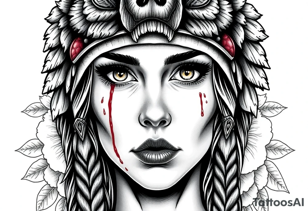 Young Symmetrical Beautiful Woman, looking forward, with colored eyes, shedding a tear, with battle scars and blood on face, with soft look, wearing a mean looking bear headdress on head, with flower background tattoo idea