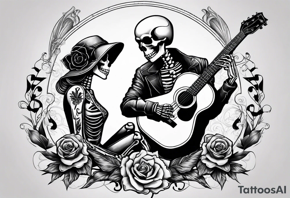 a male skeleton playing guitar while a female skeleton listens tattoo idea