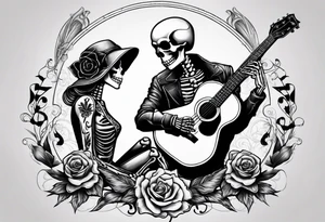 a male skeleton playing guitar while a female skeleton listens tattoo idea