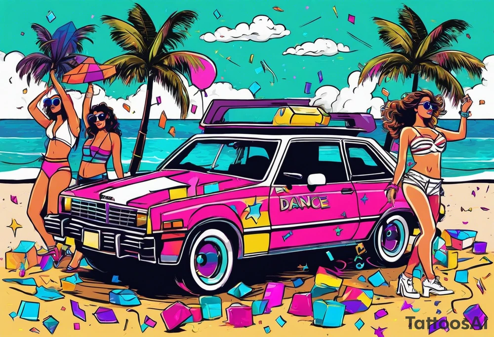 1980's style dance party with boom box and confetti in a beach theme. include people in 80's miami beach clothes, music note. Do not include cars tattoo idea